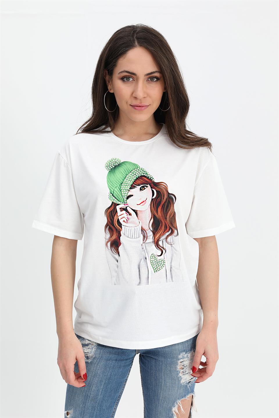 Women's T-shirt Girl Printed Stone Embroidered - Green - STREETMODE™
