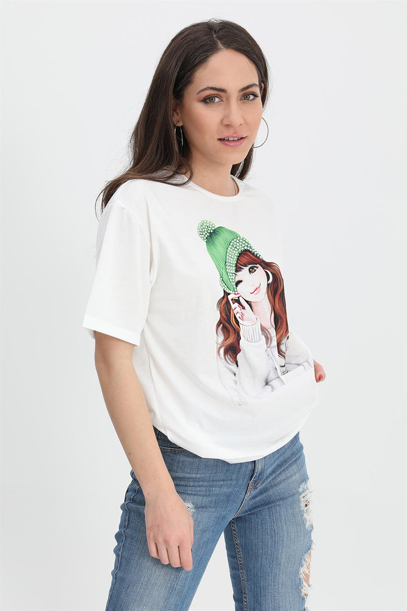 Women's T-shirt Girl Printed Stone Embroidered - Green - STREETMODE™