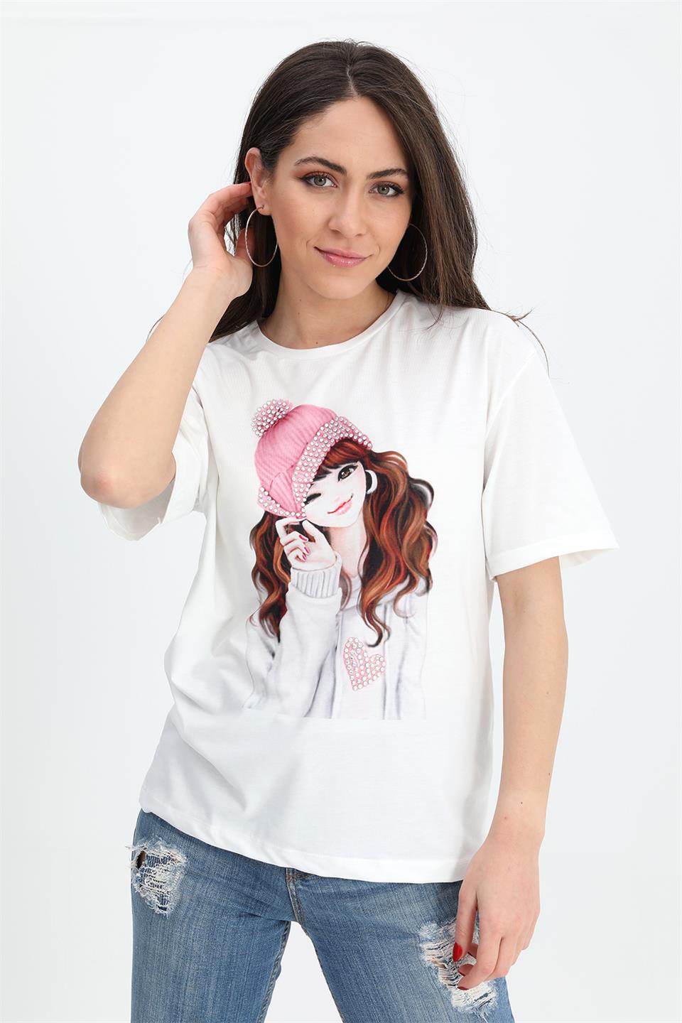 Women's T-shirt Girl Printed Stone Embroidered - Pink - STREETMODE™