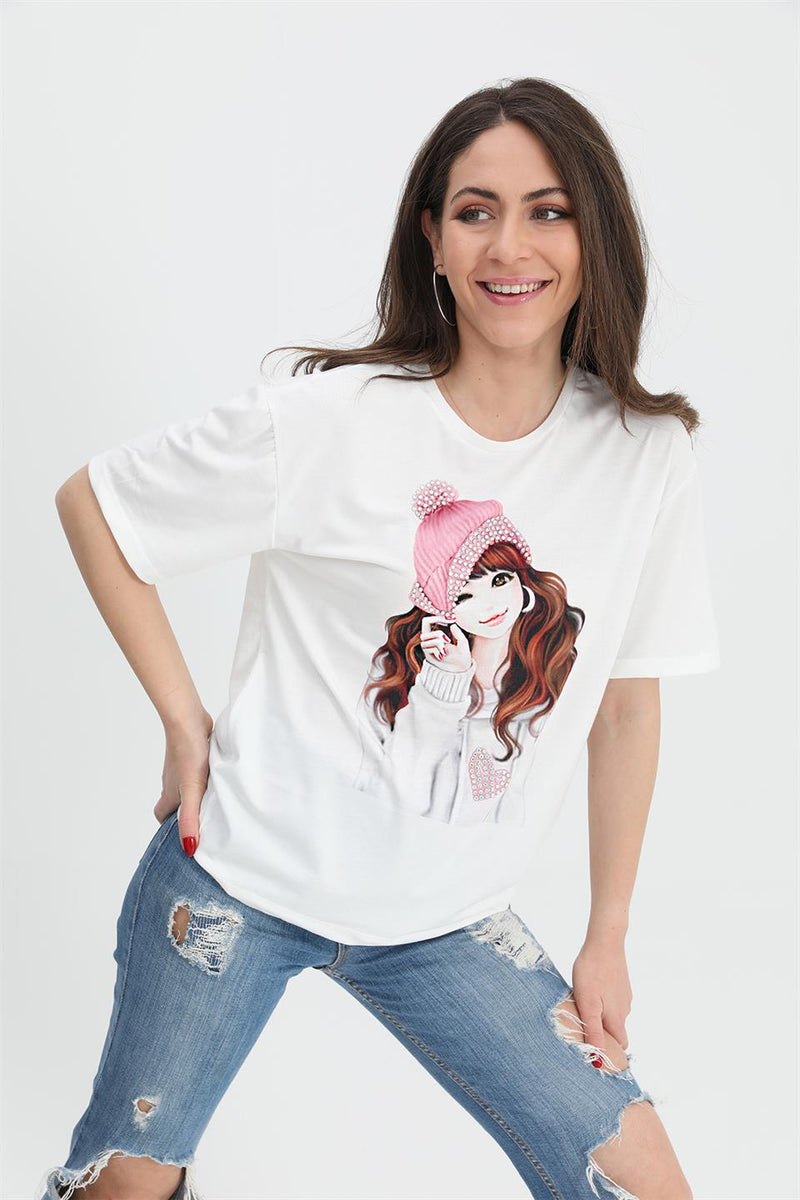 Women's T-shirt Girl Printed Stone Embroidered - Pink - STREETMODE™