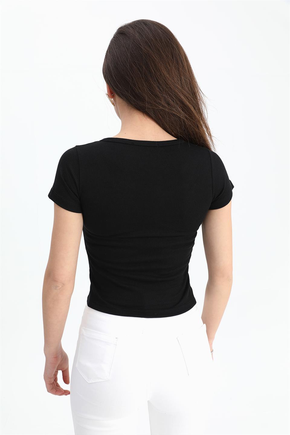 Women's T-Shirt Pear Collar Short Sleeve - Black - STREETMODE™