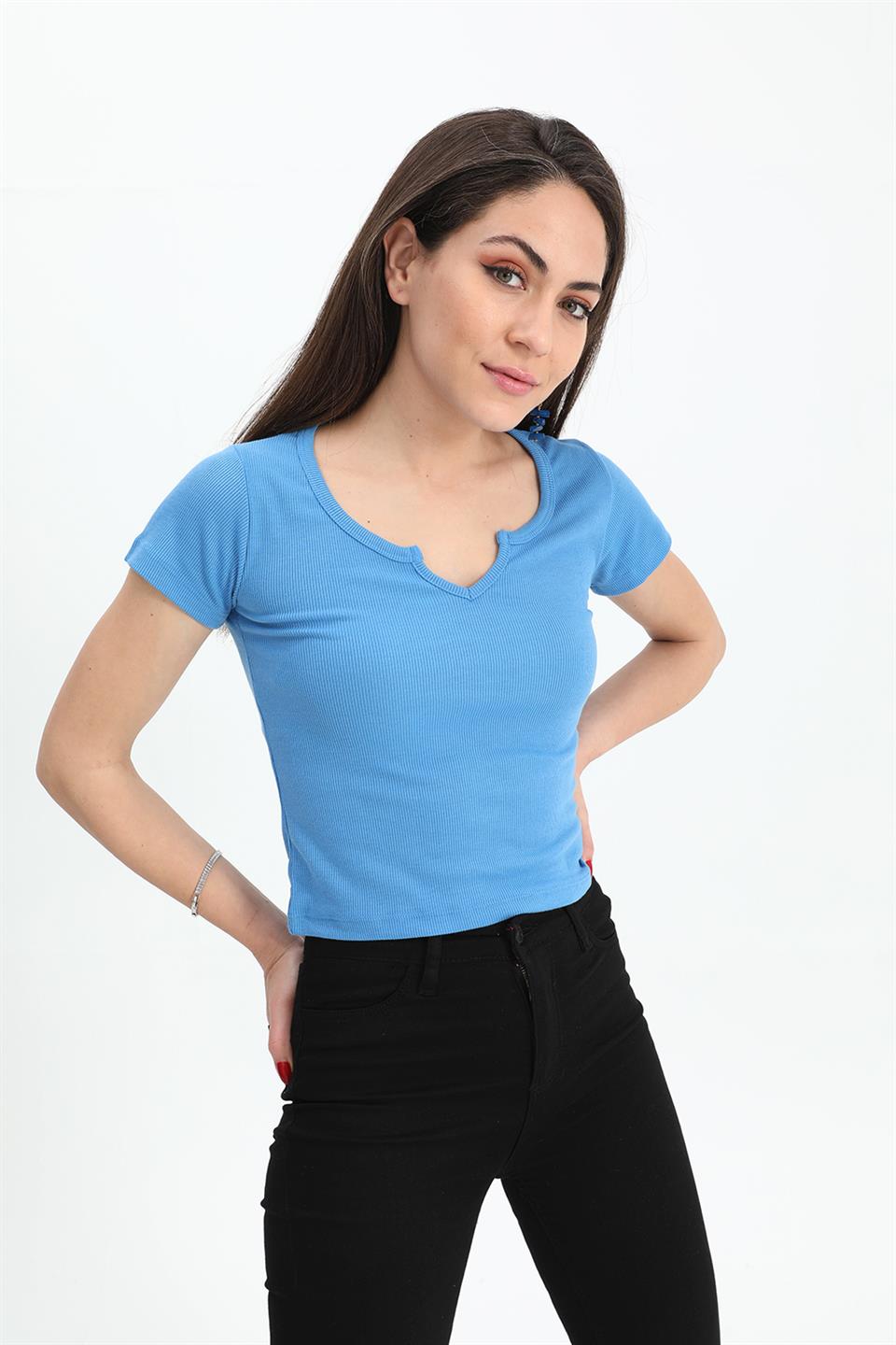 Women's T-Shirt Pear Collar Short Sleeve - Blue - STREETMODE™