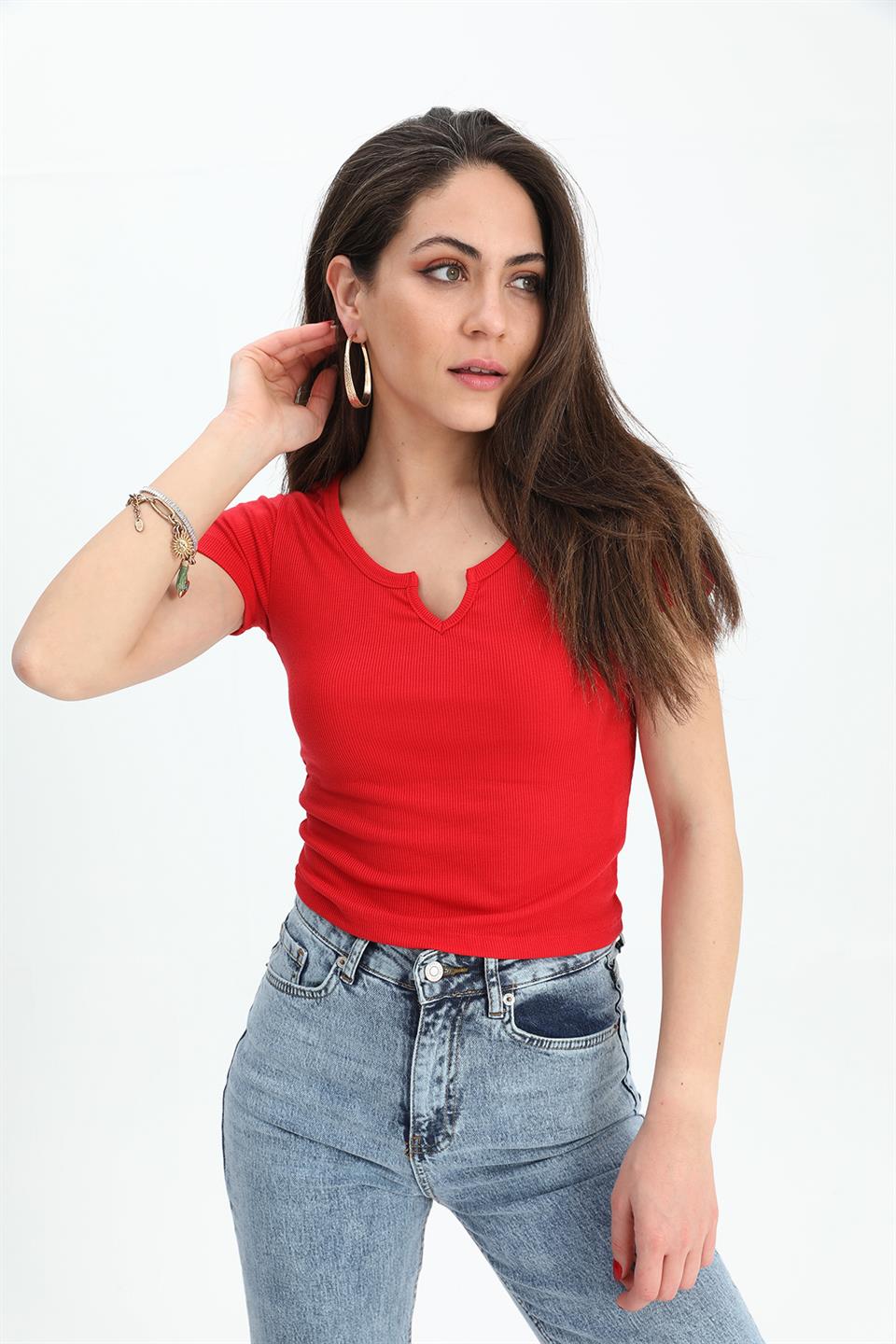 Women's T-Shirt Pear Collar Short Sleeve - Red - STREETMODE™