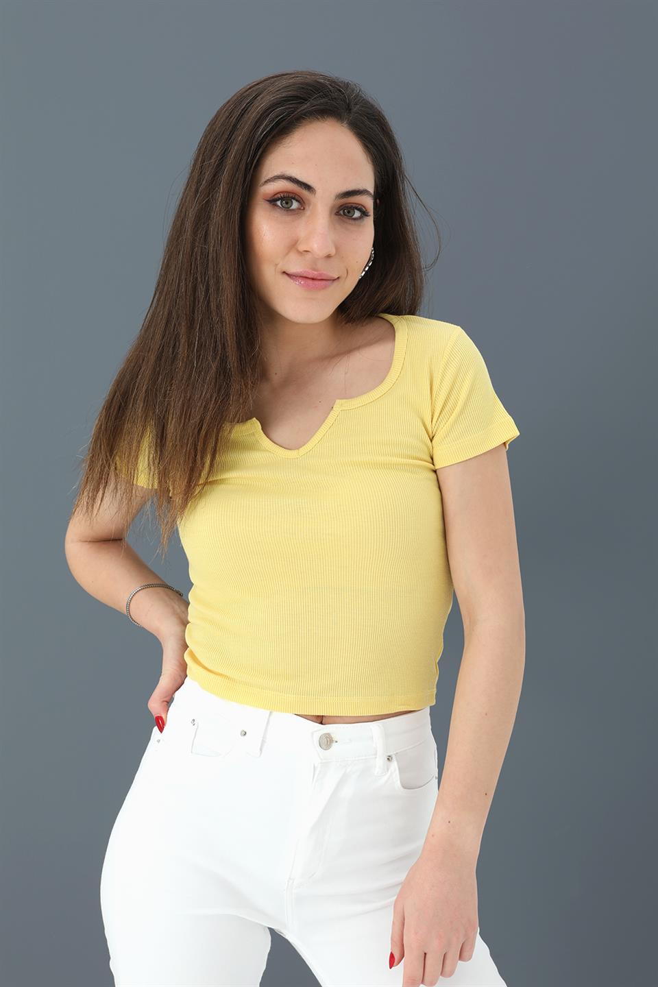Women's T-Shirt Pear Collar Short Sleeve - Yellow - STREETMODE™