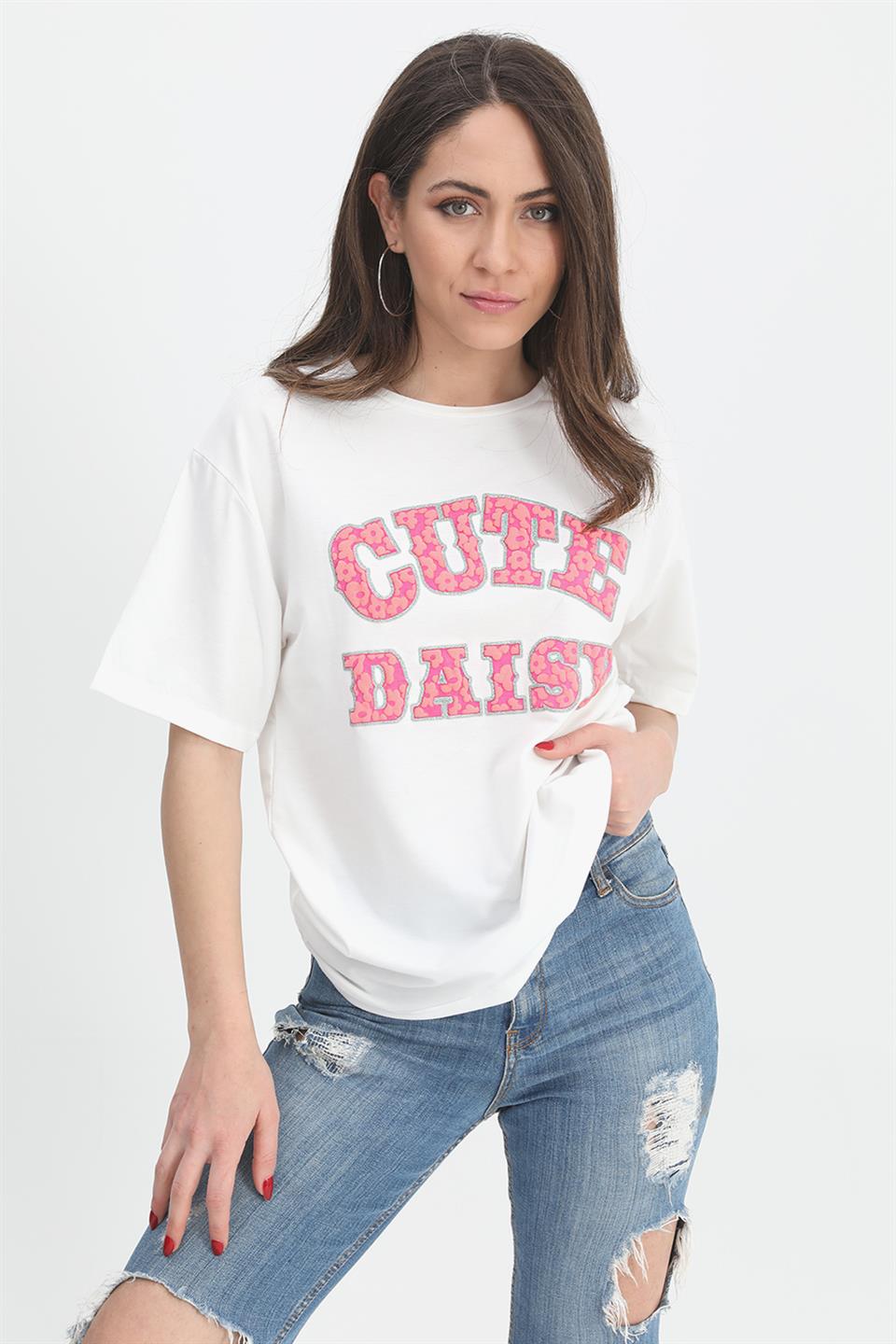 Women's T-shirt Relief Print Crew Neck - Pink - STREETMODE™