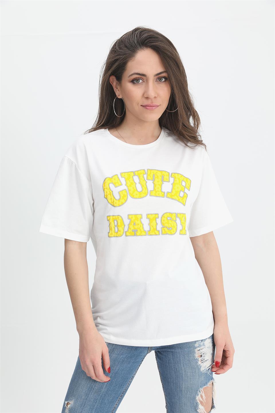 Women's T-shirt Relief Print Crew Neck - Yellow - STREETMODE™