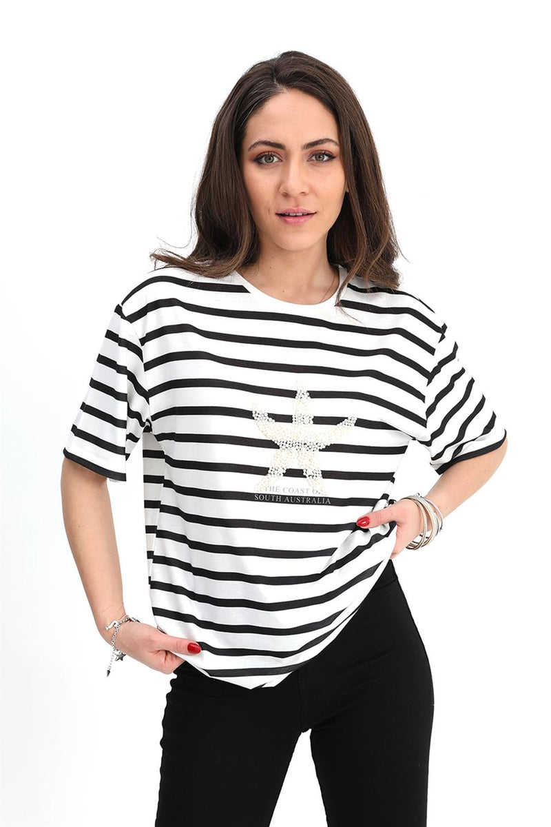 Women's T-shirt Striped Starfish - Black - STREETMODE™