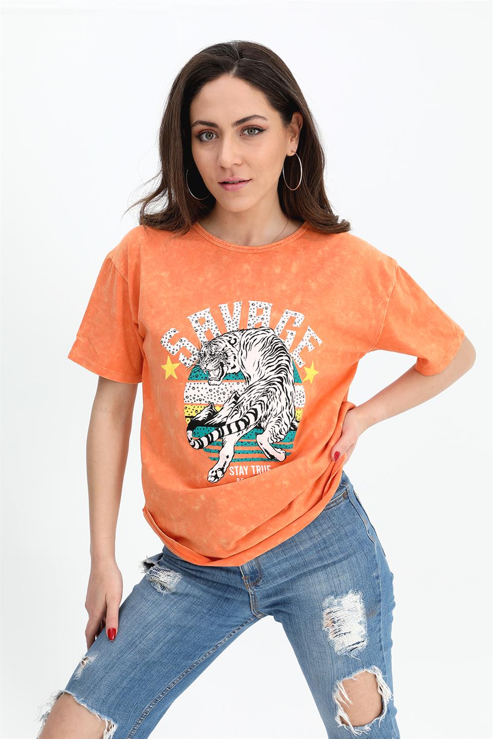 Women's T-shirt Washed Fabric Crew Neck - Orange - STREETMODE™