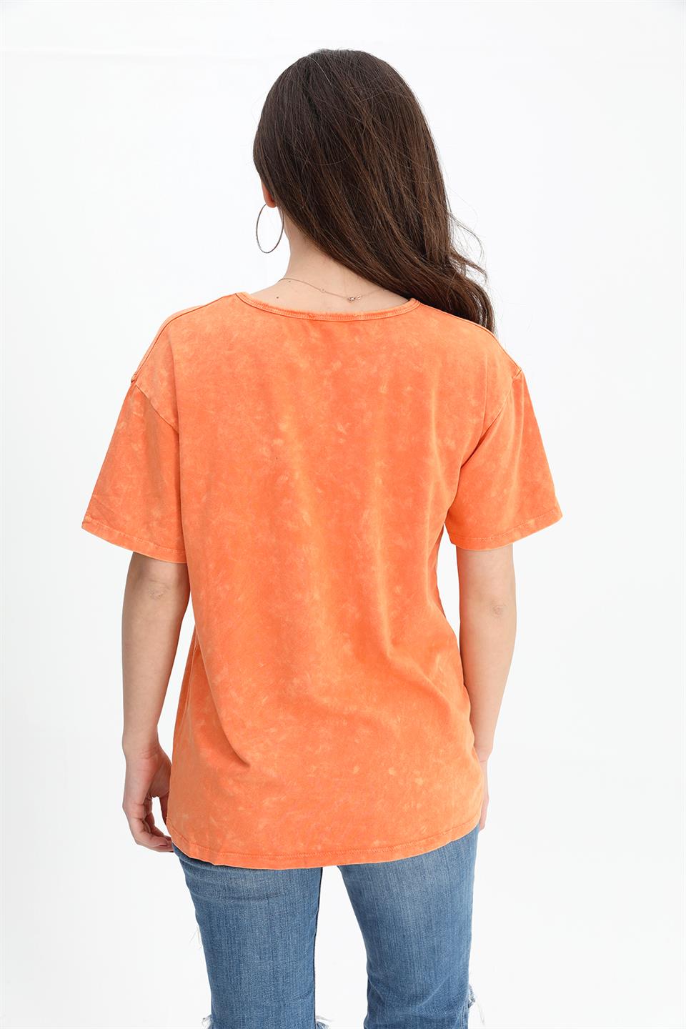 Women's T-shirt Washed Fabric Crew Neck - Orange - STREETMODE™