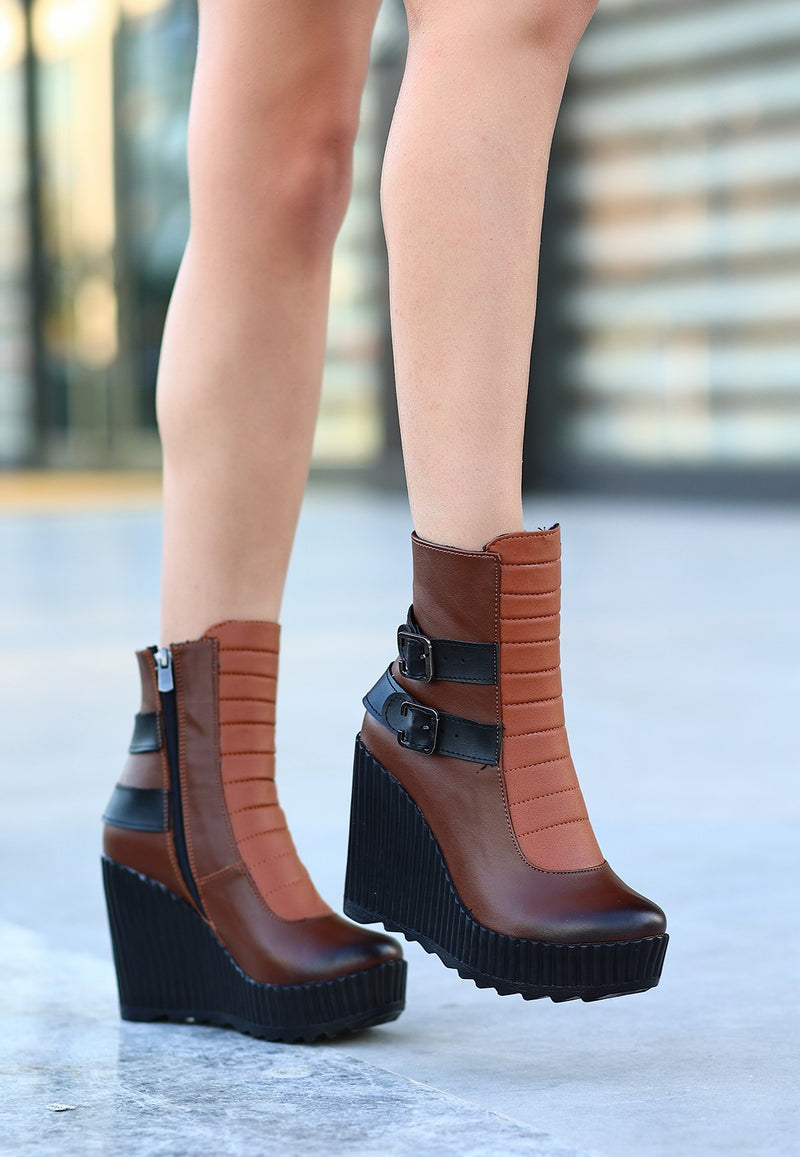 Women's Tan Leather Wedge Heel Boots - STREETMODE™