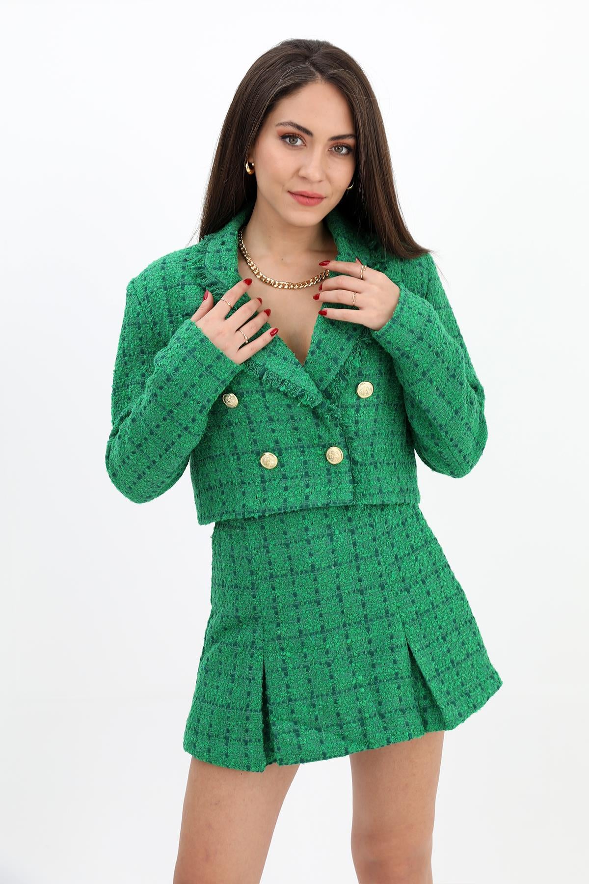 Women's Tassel Detailed Double Breasted Collar Chanel Short Jacket - Green - STREETMODE™