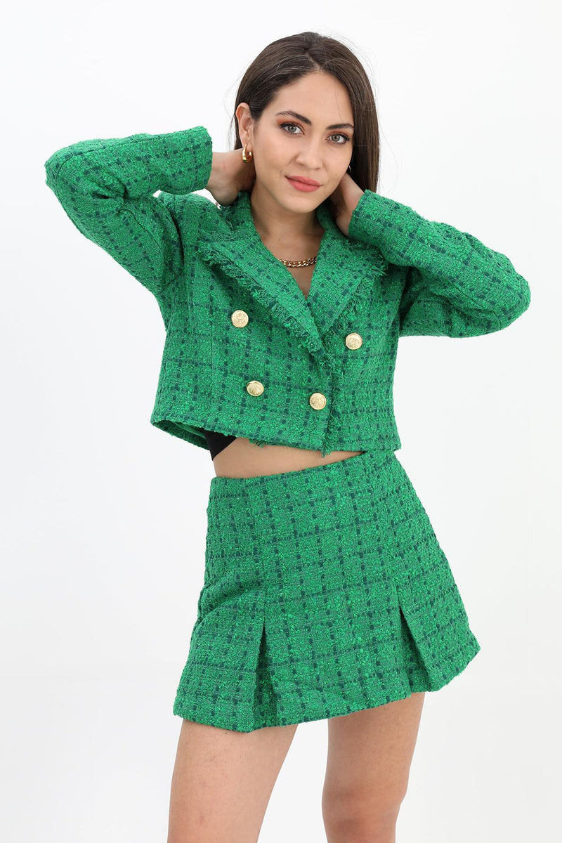 Women's Tassel Detailed Double Breasted Collar Chanel Short Jacket - Green - STREETMODE™