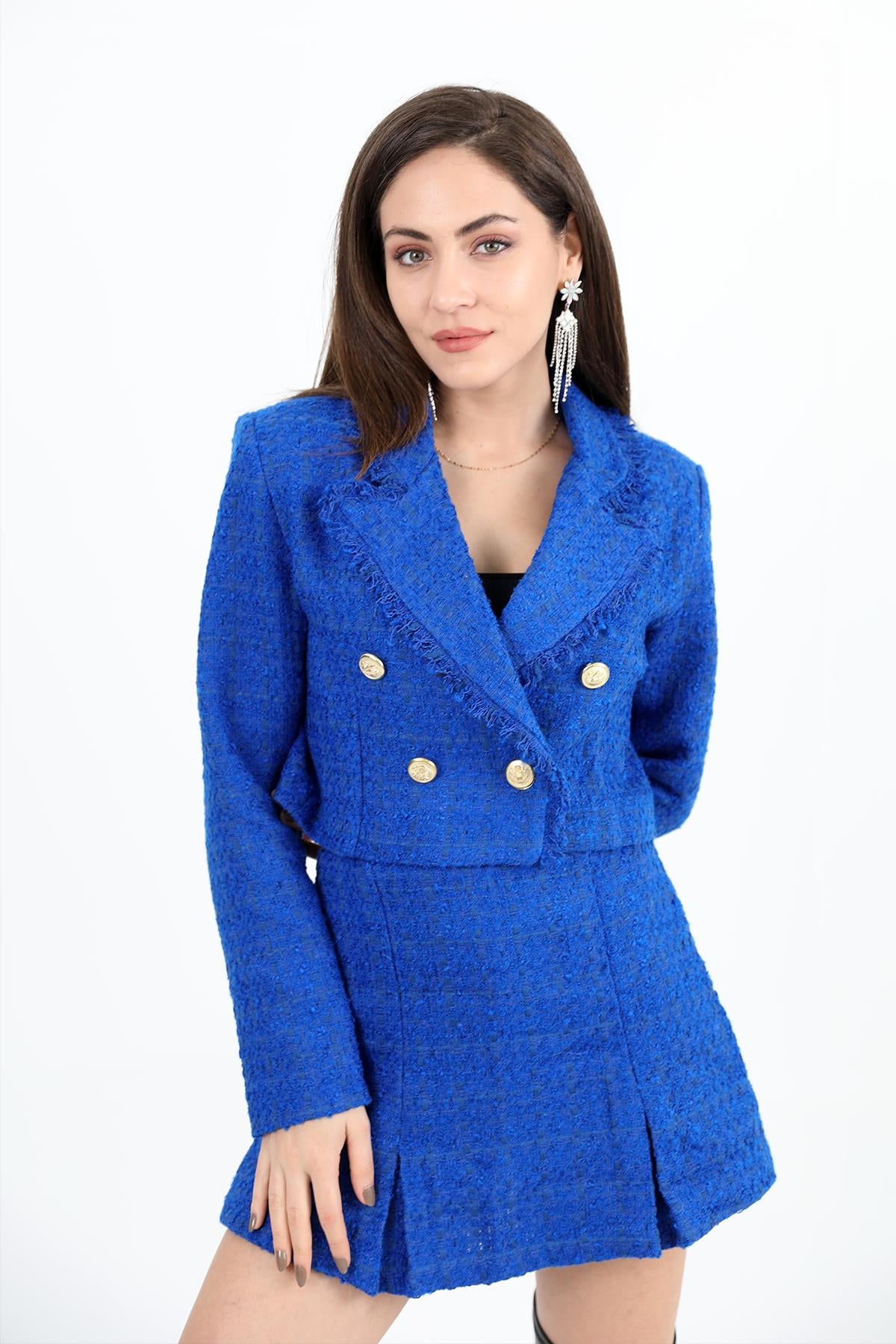 Women's Tassel Detailed Double Breasted Collar Chanel Short Jacket - Saks Blue - STREETMODE™