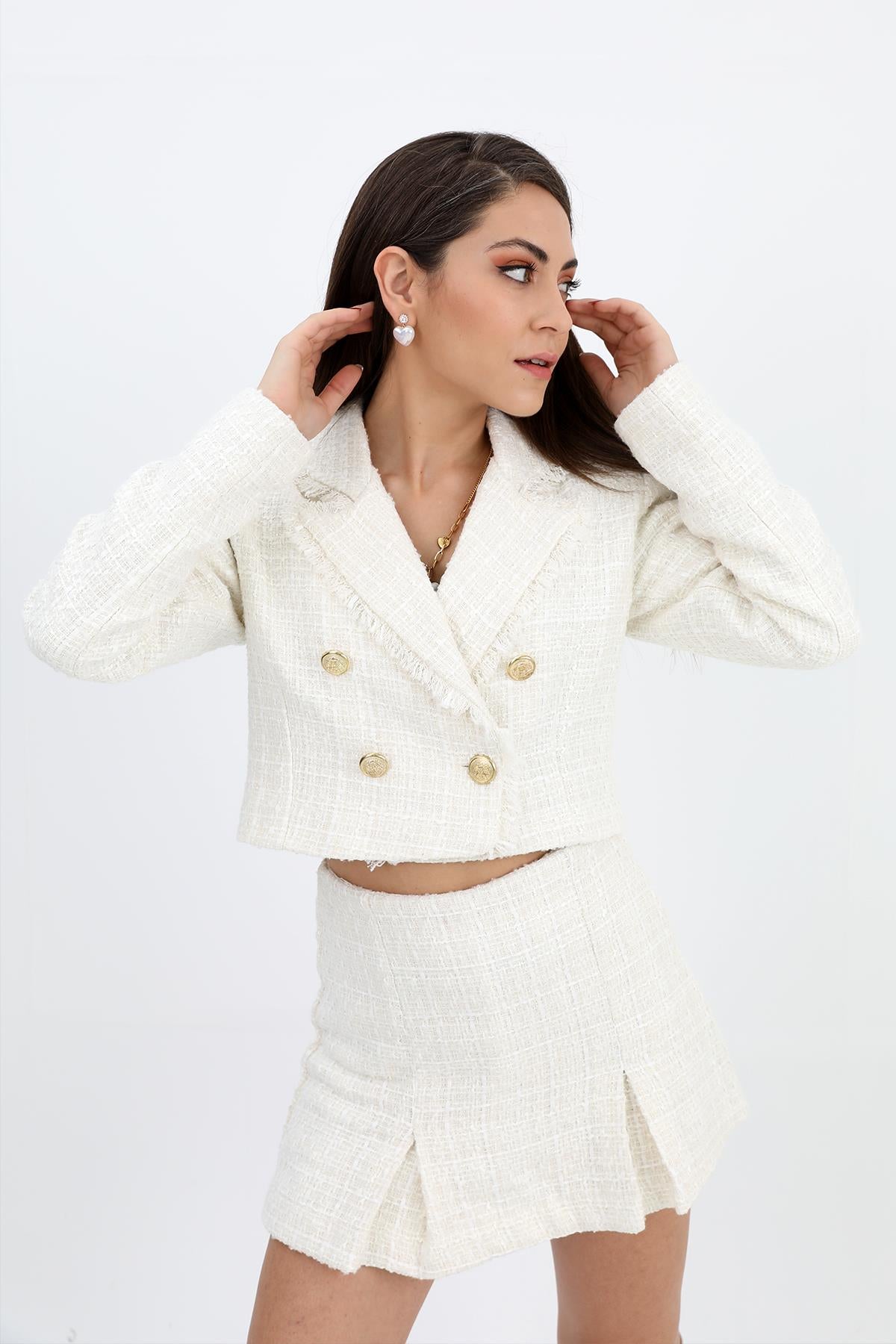 Women's Tassel Detailed Double Breasted Neck Chanel Short Jacket - Ecru - STREETMODE™