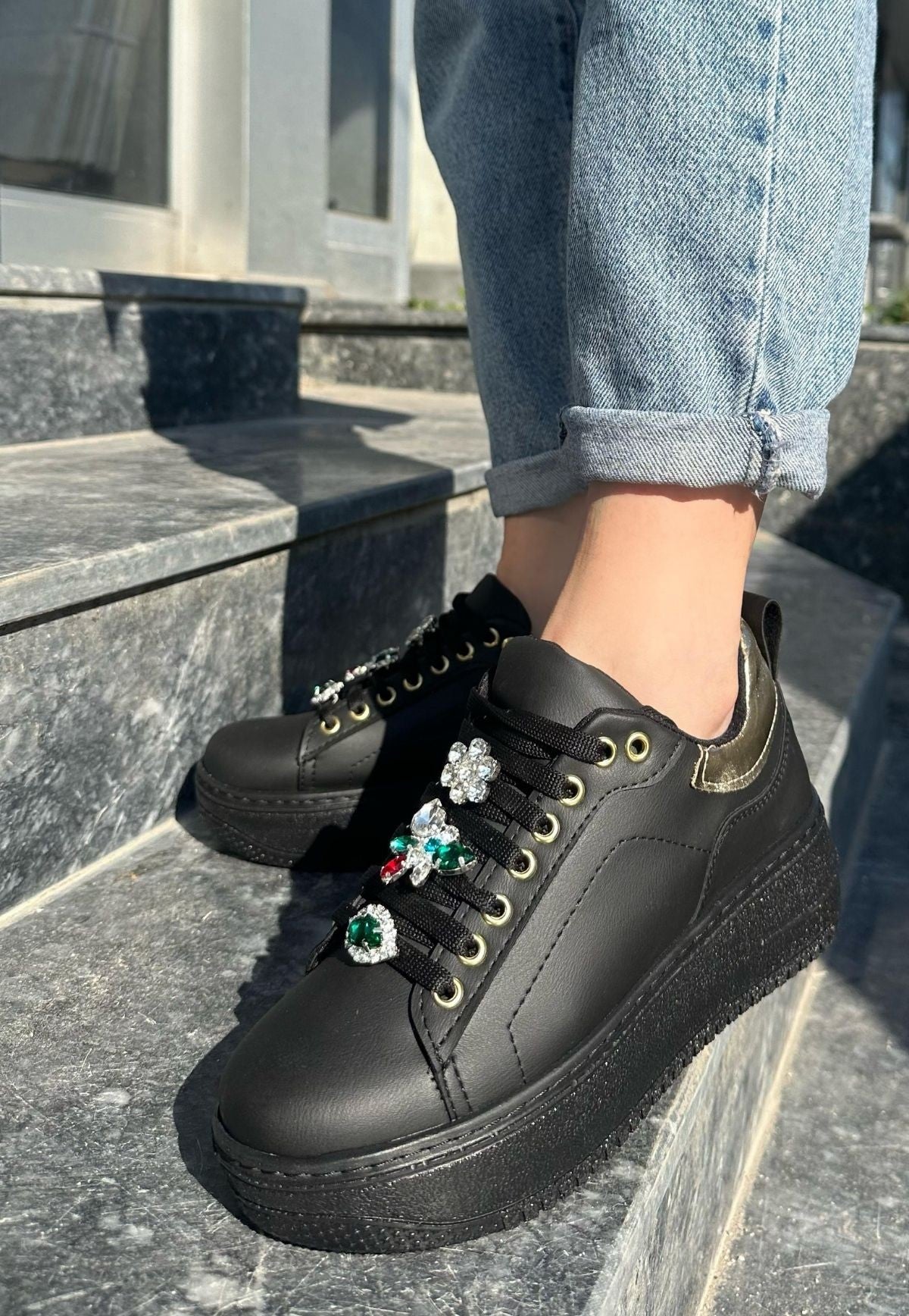 Women's Tenyo Black Skin Stone Laced Sports Shoes - STREETMODE™
