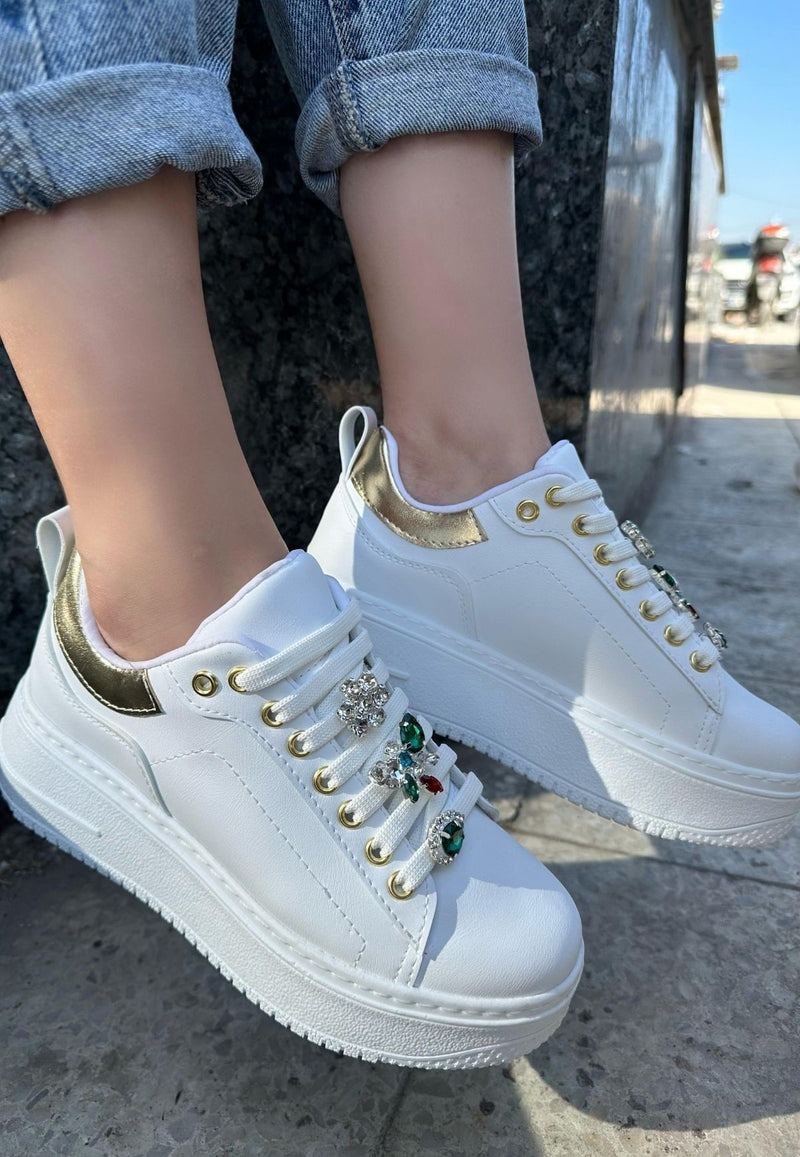 Women's Tenyo White Leather Stone Laced Sports Shoes - STREETMODE™