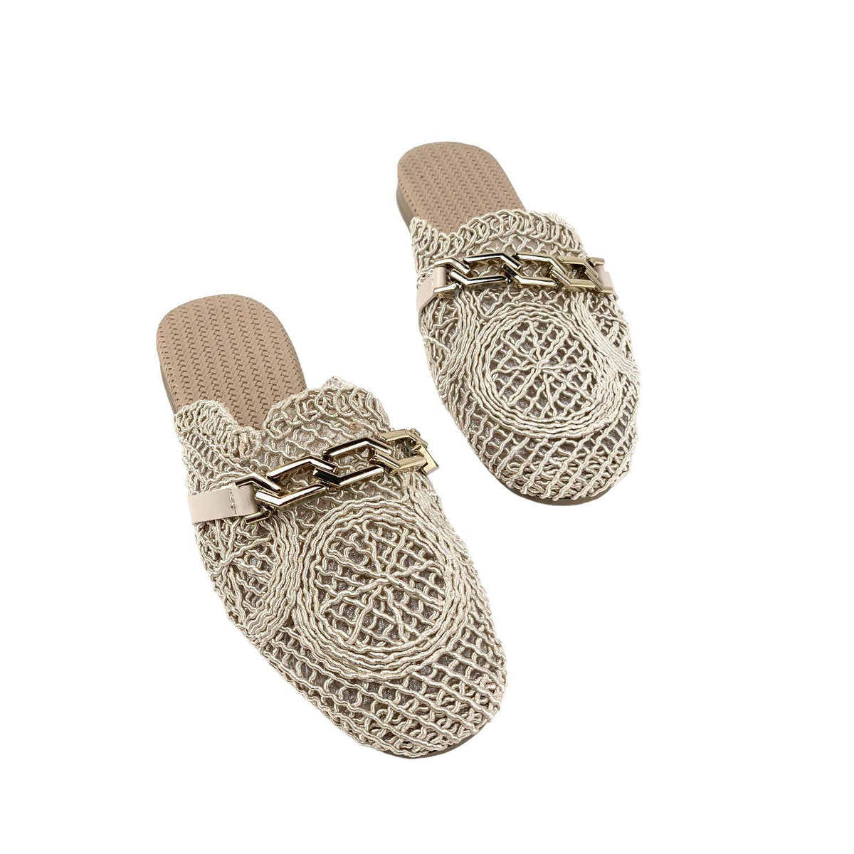 Women's Term Beige Stone Detailed Knitwear Slippers 1cm - STREETMODE™