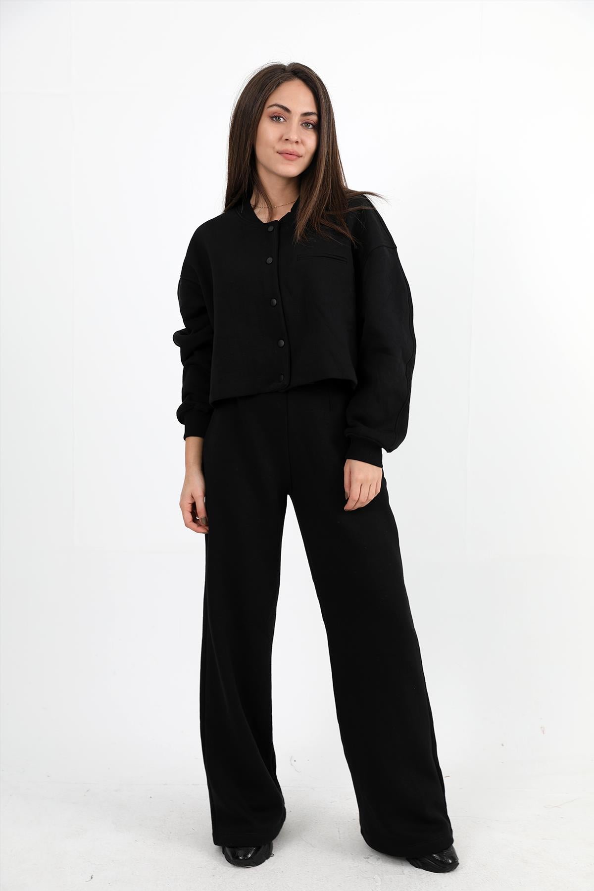 Women's Three Thread Snap Jacket and Trousers Set - Black - STREETMODE™