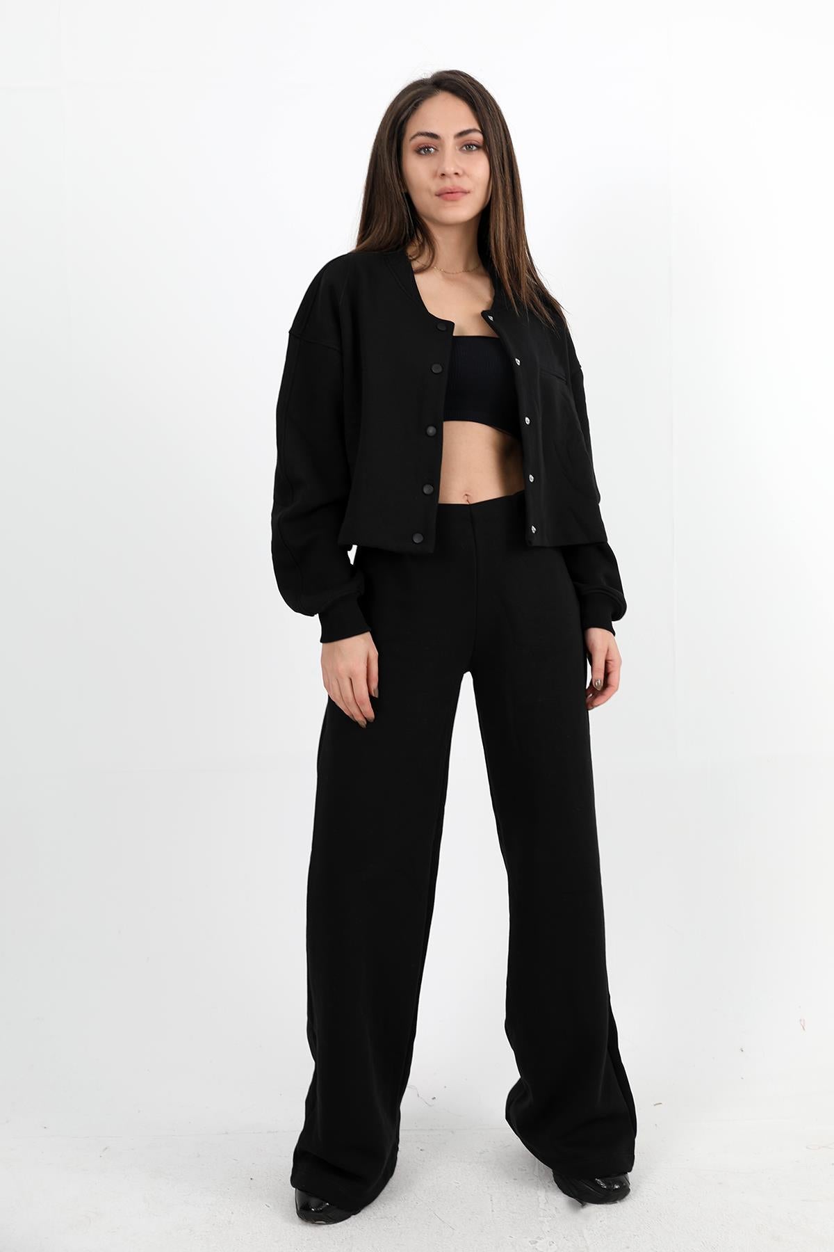 Women's Three Thread Snap Jacket and Trousers Set - Black - STREETMODE™