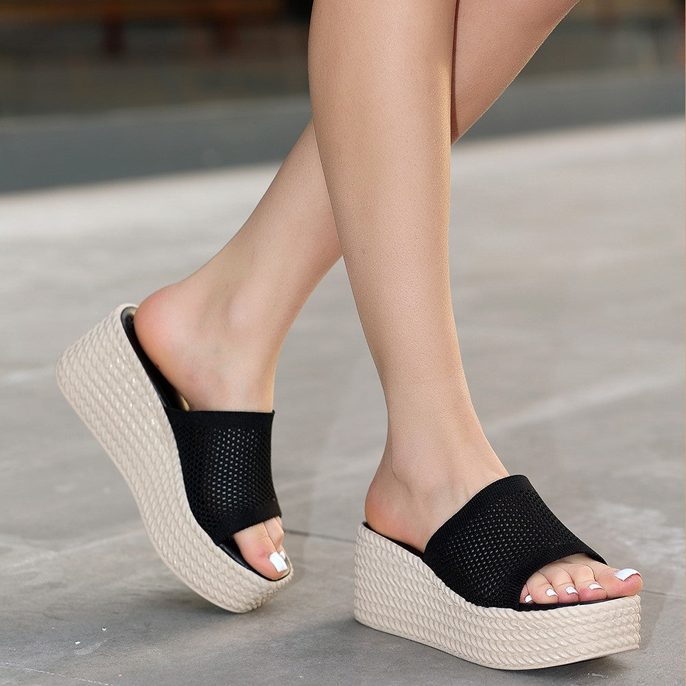 Women's Tiona Black Knitwear Wedge Heel Slippers - STREETMODE™