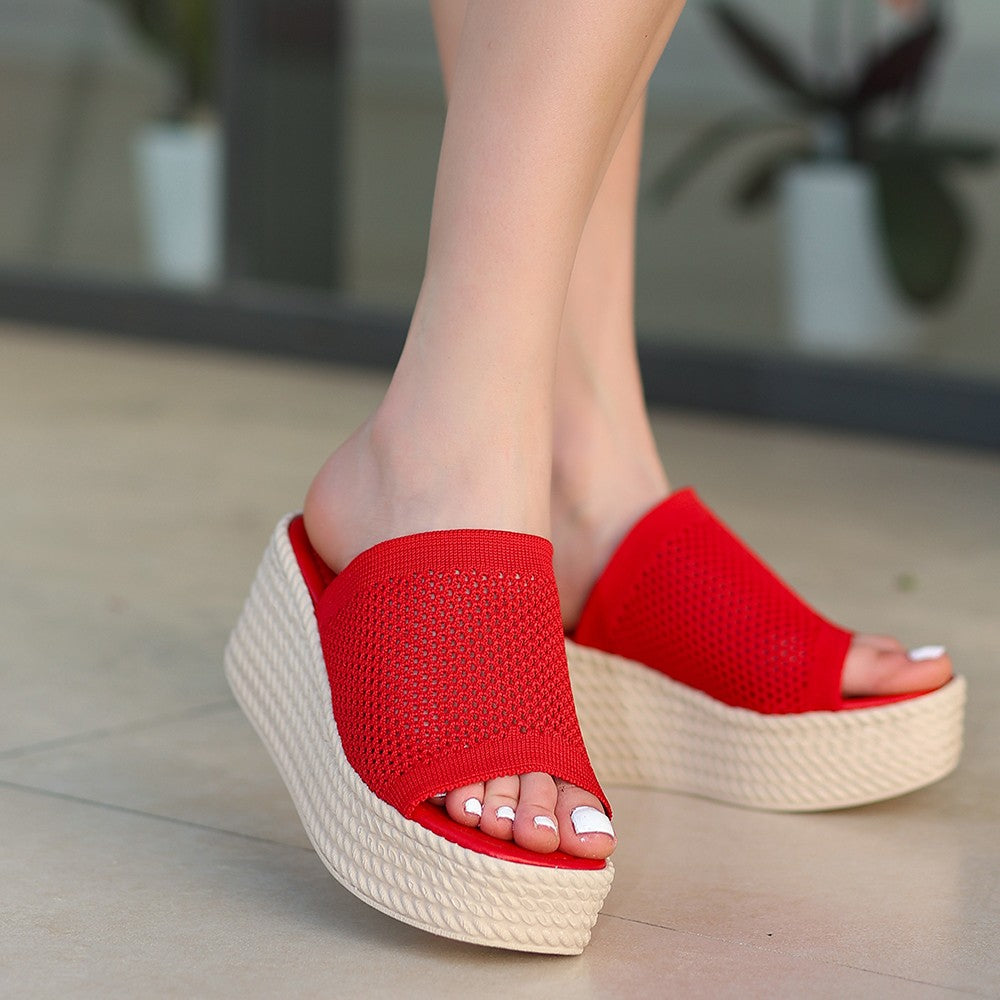 Women's Tiona Red Knitwear Wedge Heel Slippers - STREETMODE™