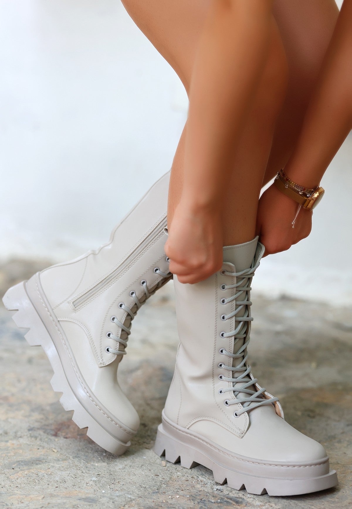 Women's Toir Beige Skin Lace Up Boots - STREETMODE™
