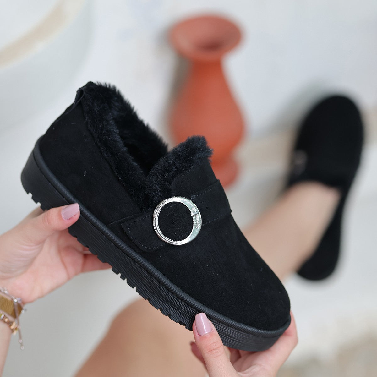 Women's Tote Black Suede Ballerina Shoes - STREETMODE™