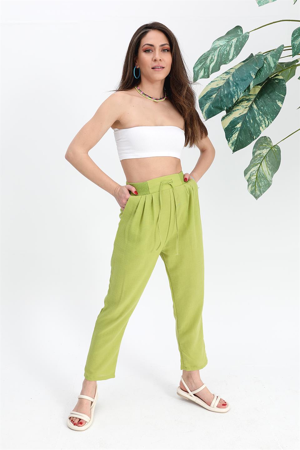 Women's Trouser Waist Elastic Corded Cotton Fabric - Green - STREETMODE™