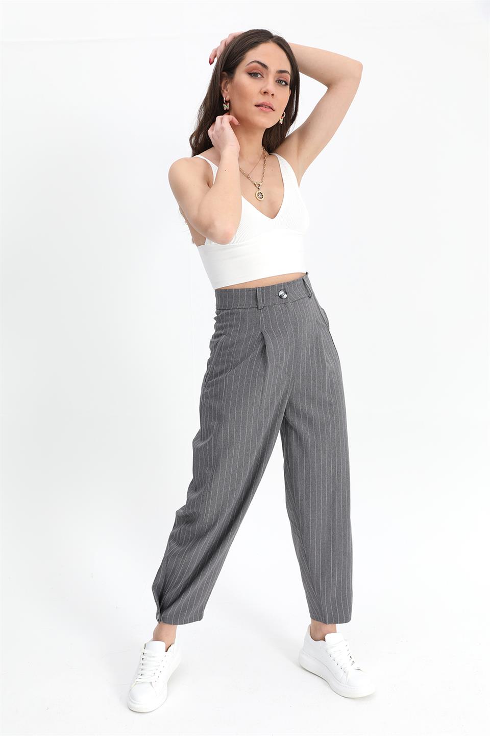 Women's Trousers Buttoned Striped High Waist - Anthracite - STREETMODE™