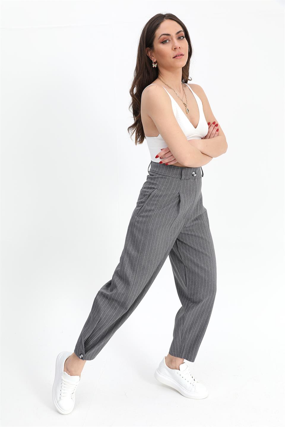 Women's Trousers Buttoned Striped High Waist - Anthracite - STREETMODE™