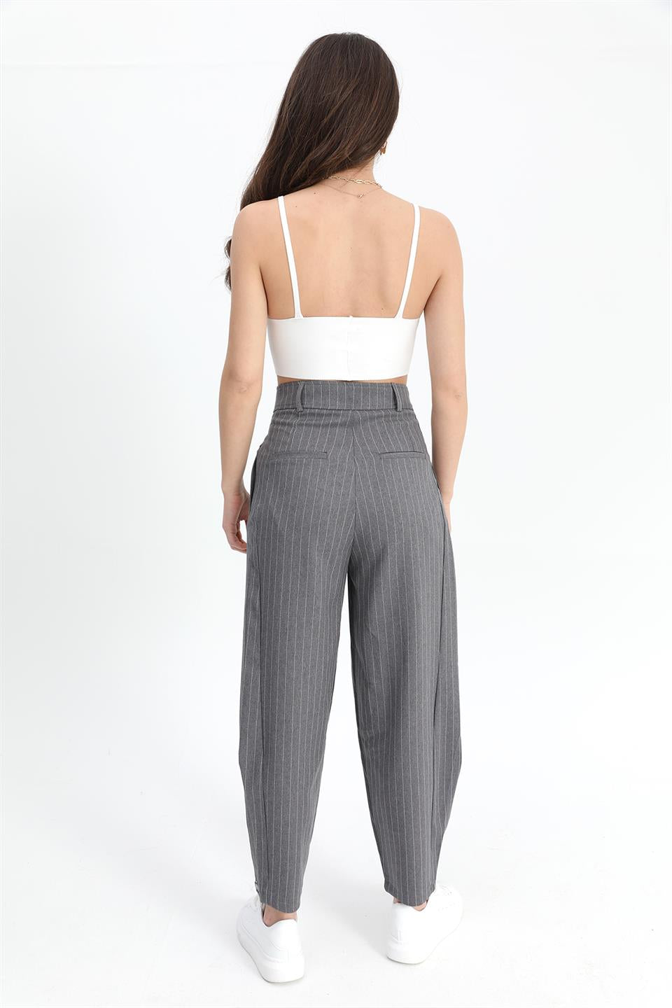 Women's Trousers Buttoned Striped High Waist - Anthracite - STREETMODE™