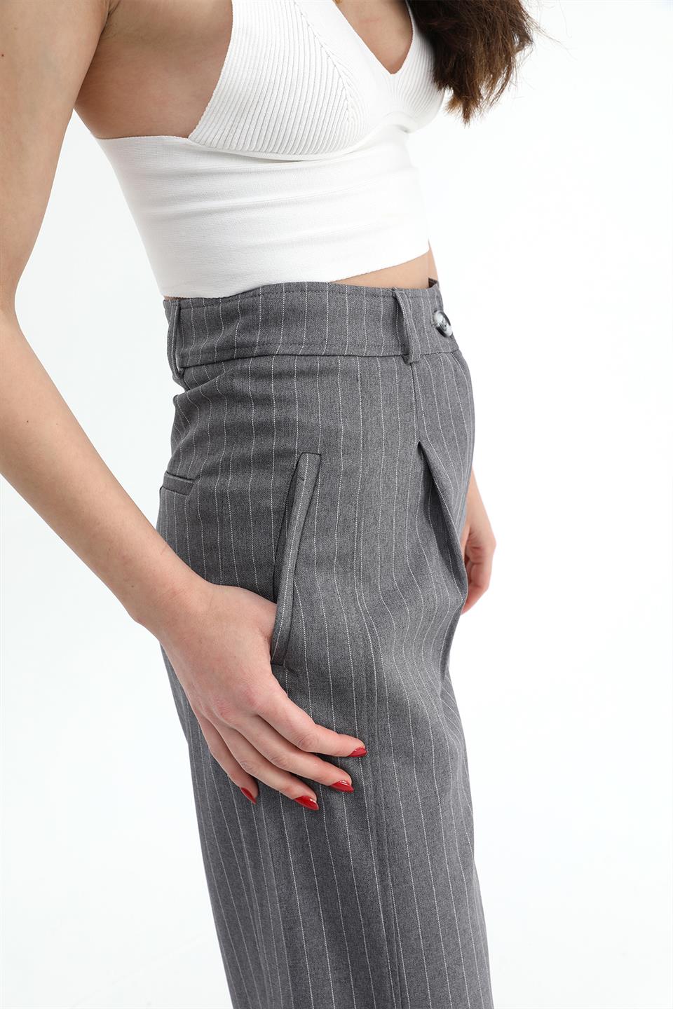 Women's Trousers Buttoned Striped High Waist - Anthracite - STREETMODE™