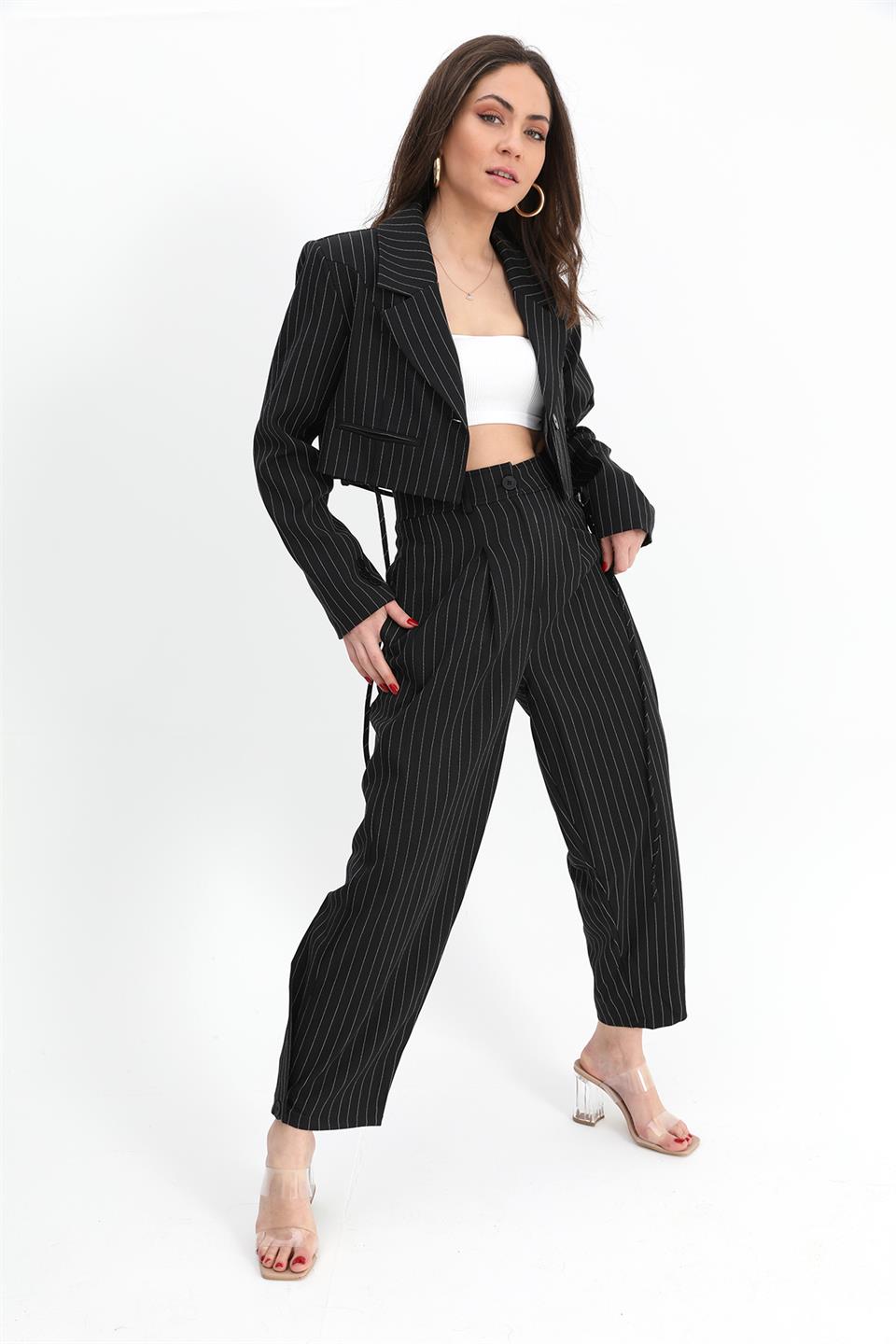 Women's Trousers Buttoned Striped High Waist - Black - STREETMODE™