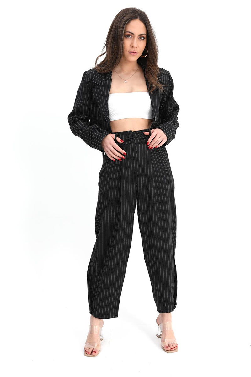 Women's Trousers Buttoned Striped High Waist - Black - STREETMODE™