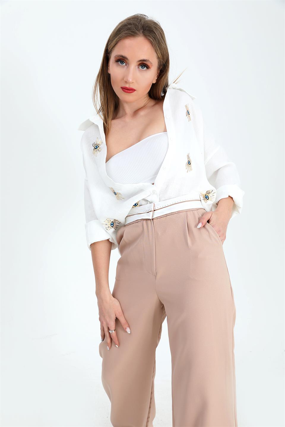 Women's Trousers Garni Belt Atlas Fabric - Beige - STREETMODE™