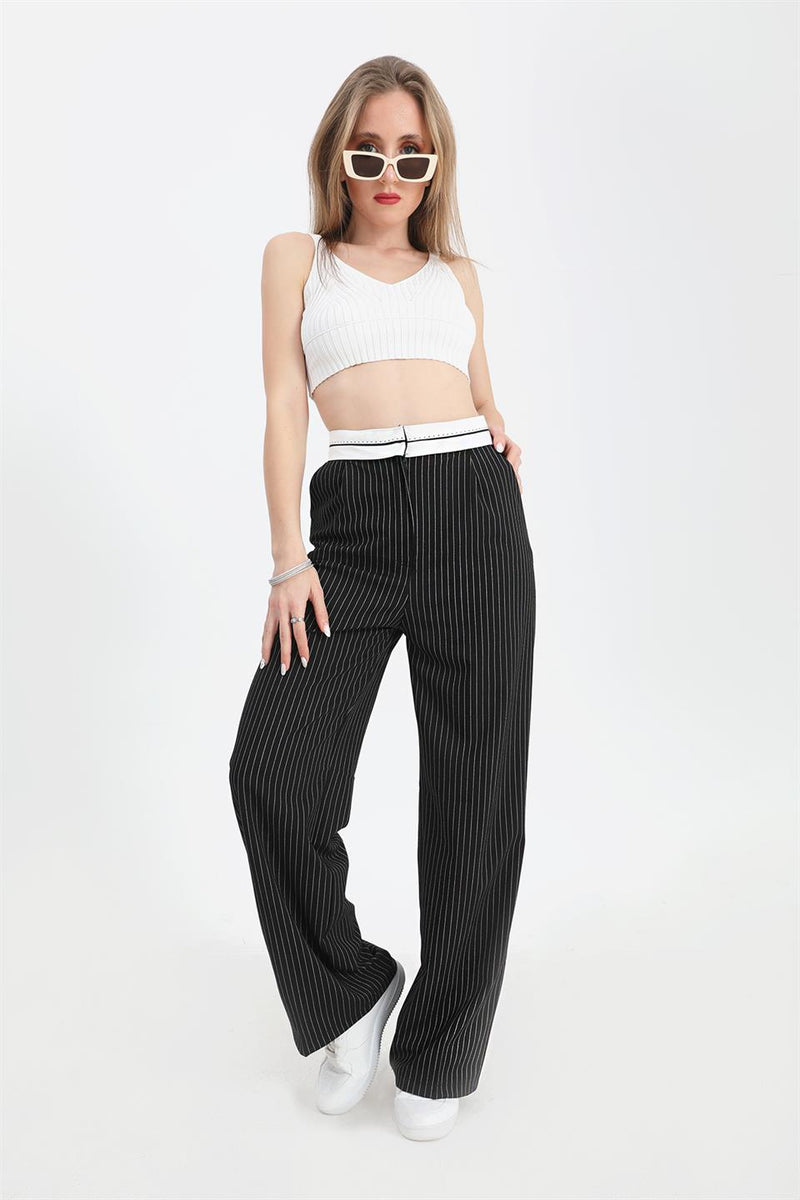 Women's Trousers Garni Belted Pinstripe - Black - STREETMODE™