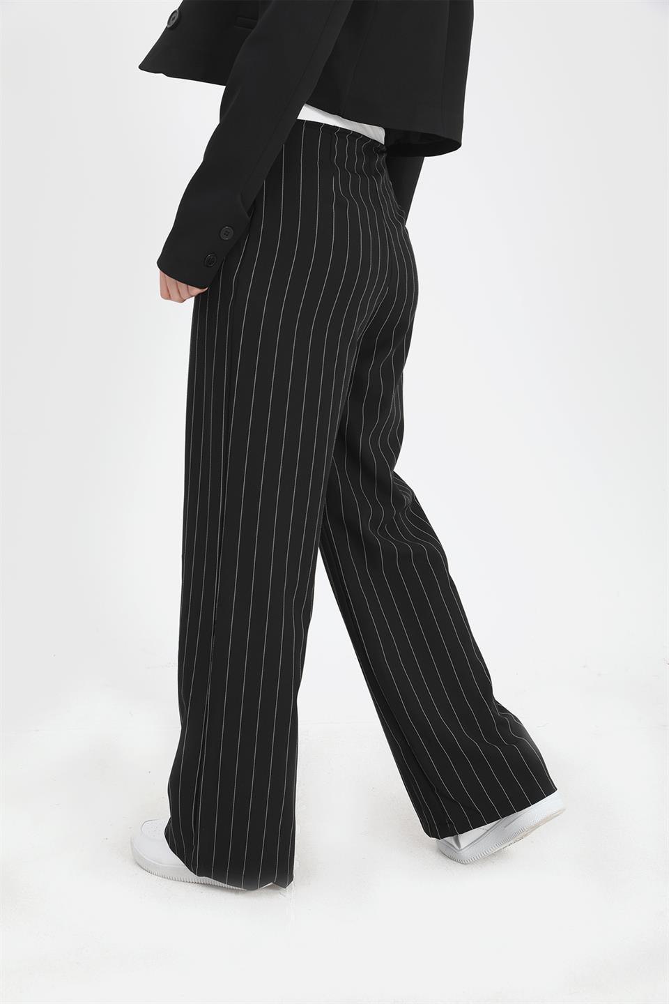 Women's Trousers Garni Belted Wide Striped - Black - STREETMODE™ DE