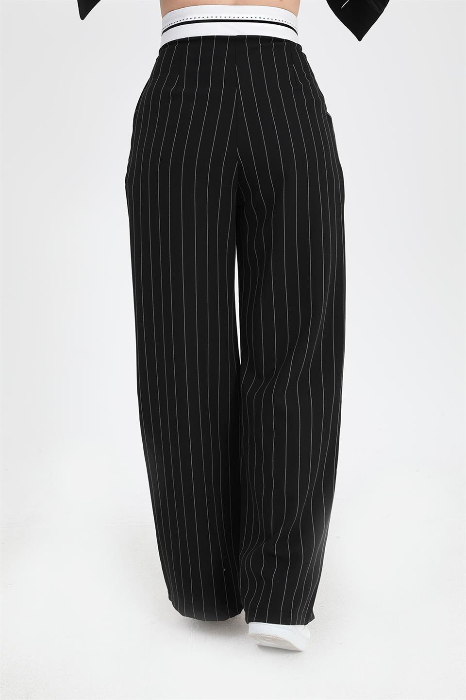 Women's Trousers Garni Belted Wide Striped - Black - STREETMODE™ DE