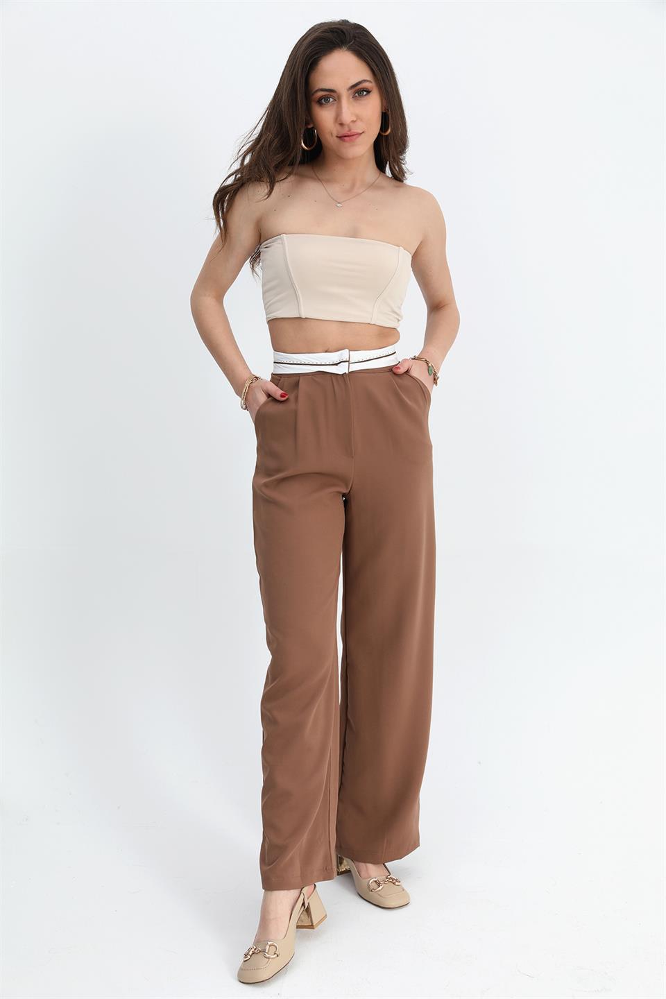 Women's Trousers Palazzo Garni Belted Atlas Fabric - Brown - STREETMODE™