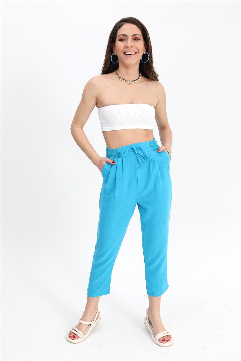 Women's Trousers Waist Elastic Corded Cotton Fabric - Blue - STREETMODE™