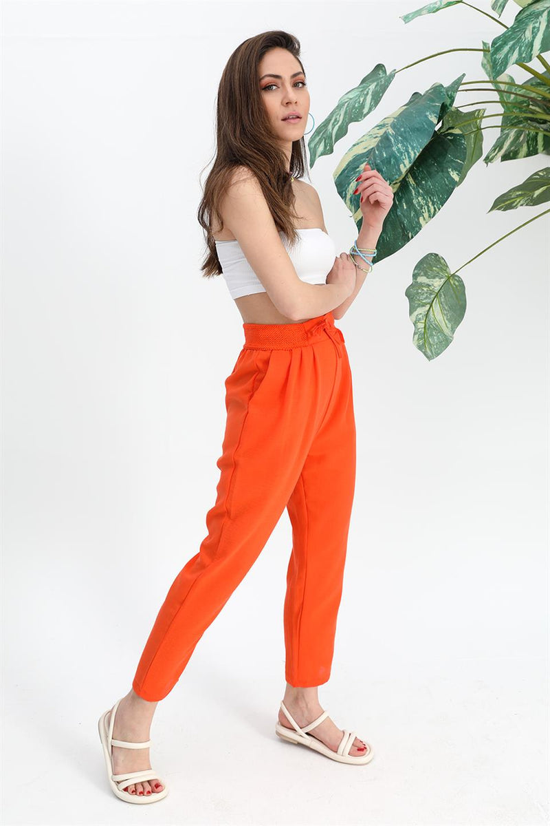 Women's Trousers Waist Elastic Corded Cotton Fabric - Orange - STREETMODE™