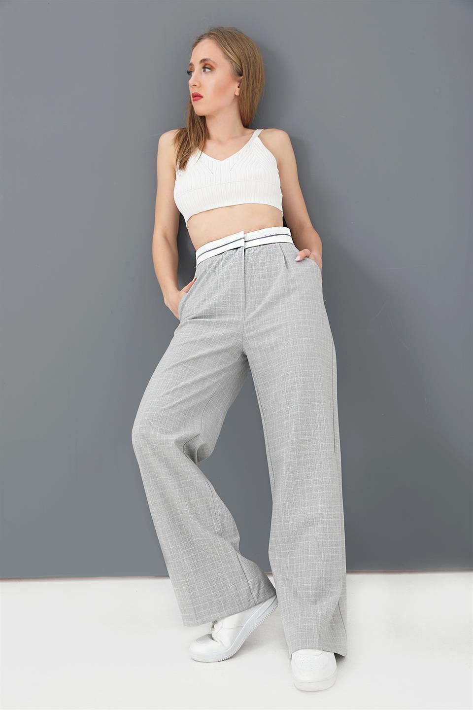 Women's Trousers with Plaid Garni Belt - Gray - STREETMODE™