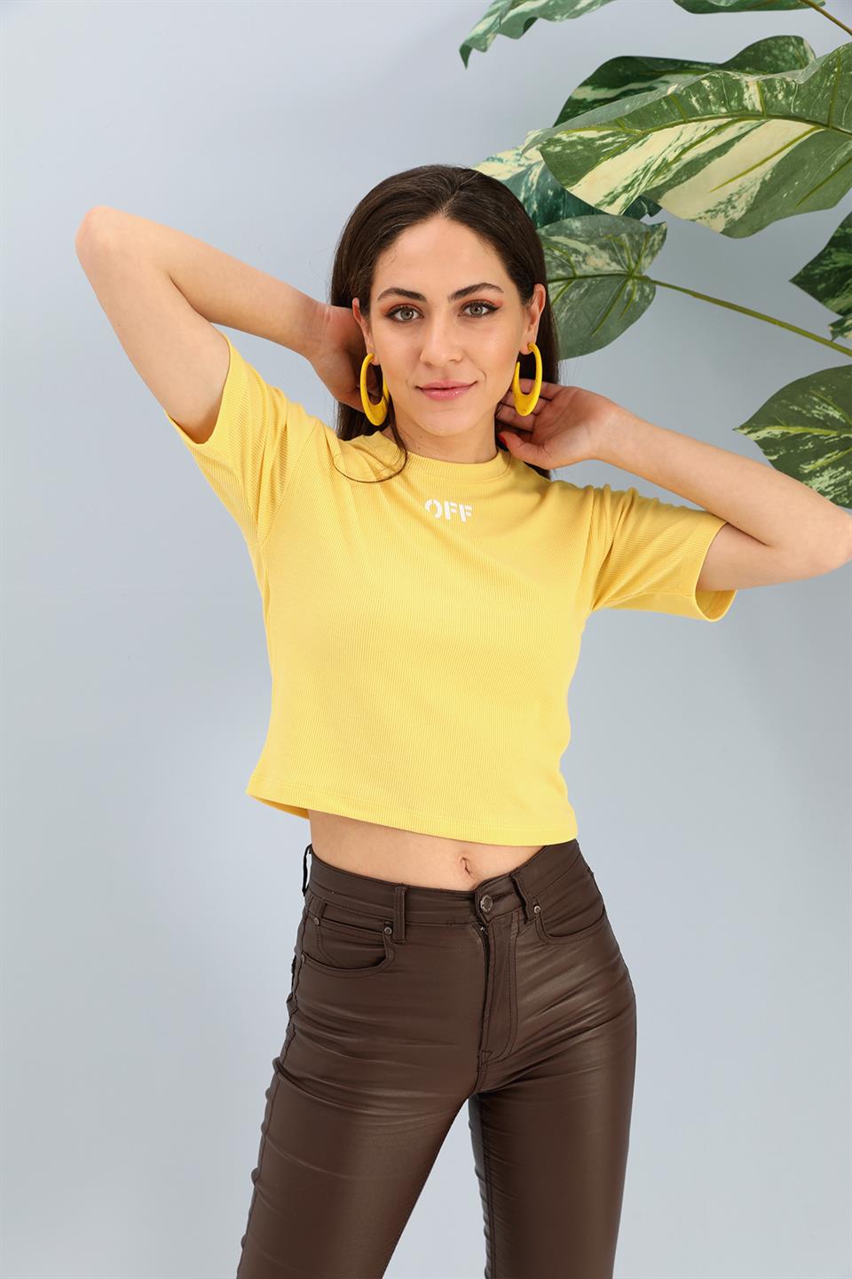 Women's Tshirt Crop Crew Neck Off Written - Yellow - STREETMODE™