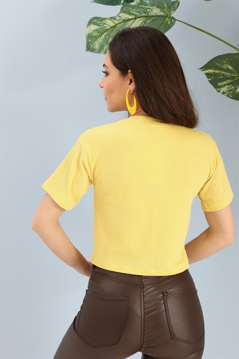 Women's Tshirt Crop Crew Neck Off Written - Yellow - STREETMODE™