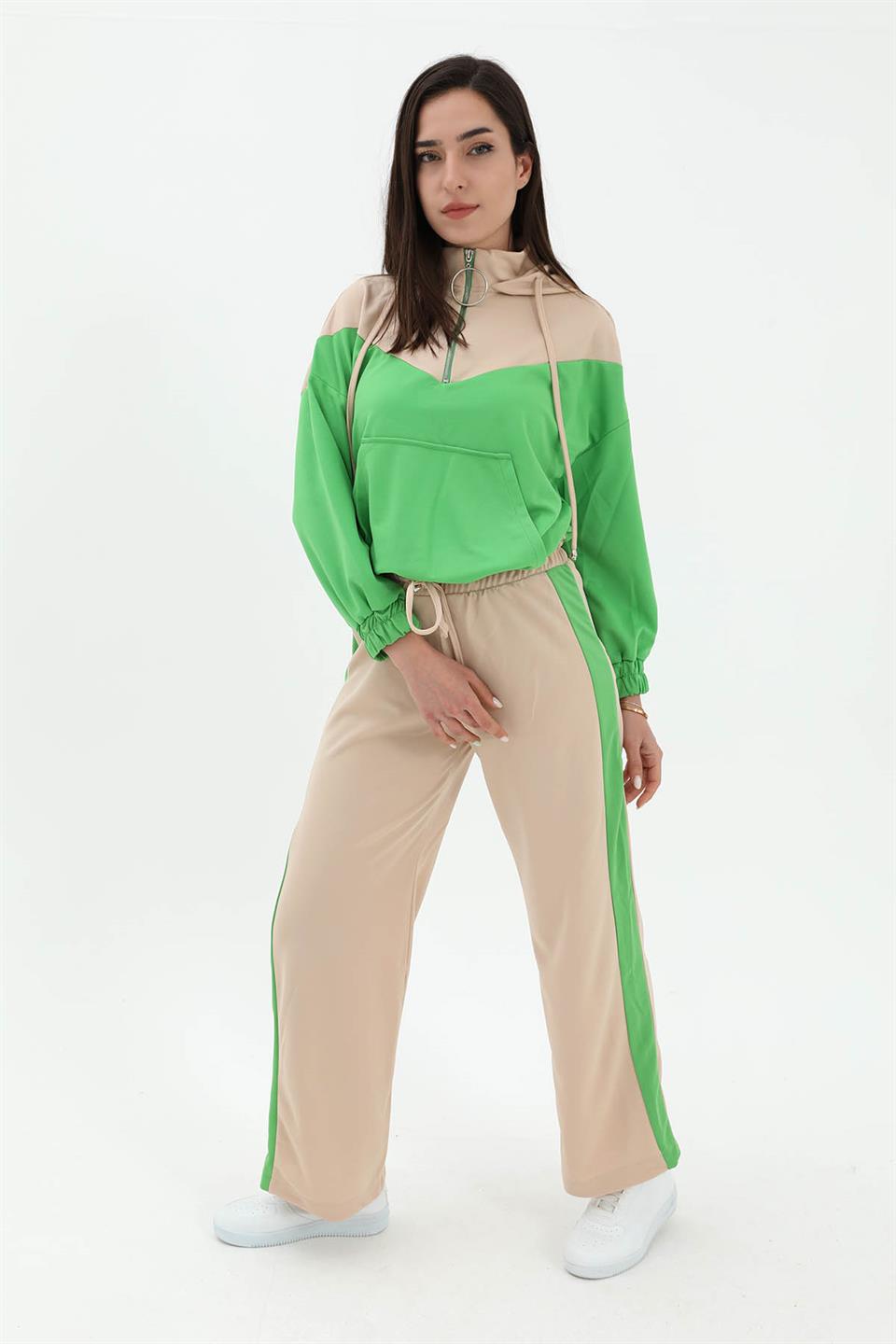 Women's Two Color Atlas Fabric Tracksuit Set - Green - STREETMODE™