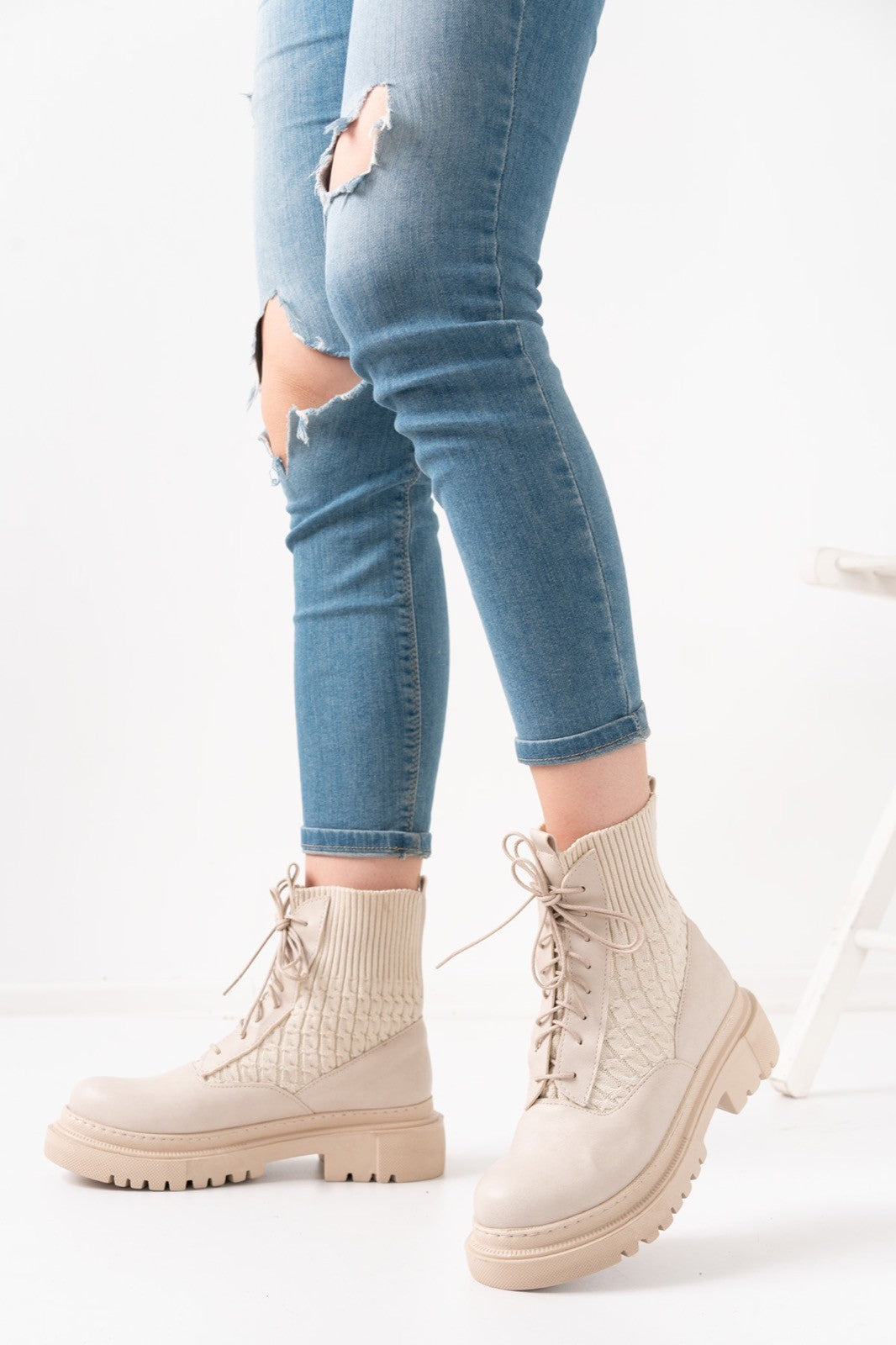 Women's Utag Beige Leather Laced Boots - STREETMODE™