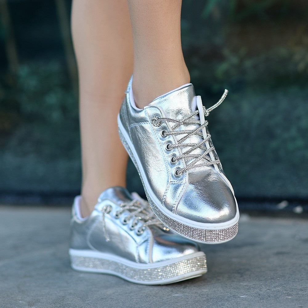 Women's Vasie Silver Leather Laced Sports Shoes - STREETMODE™