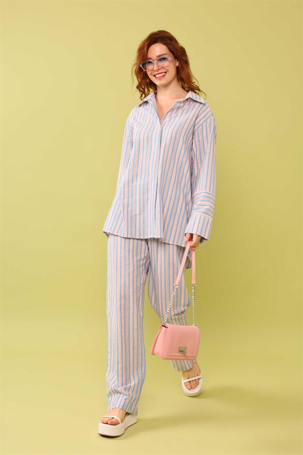 Women's Waist Button Detail Striped Trousers Blue - STREETMODE™