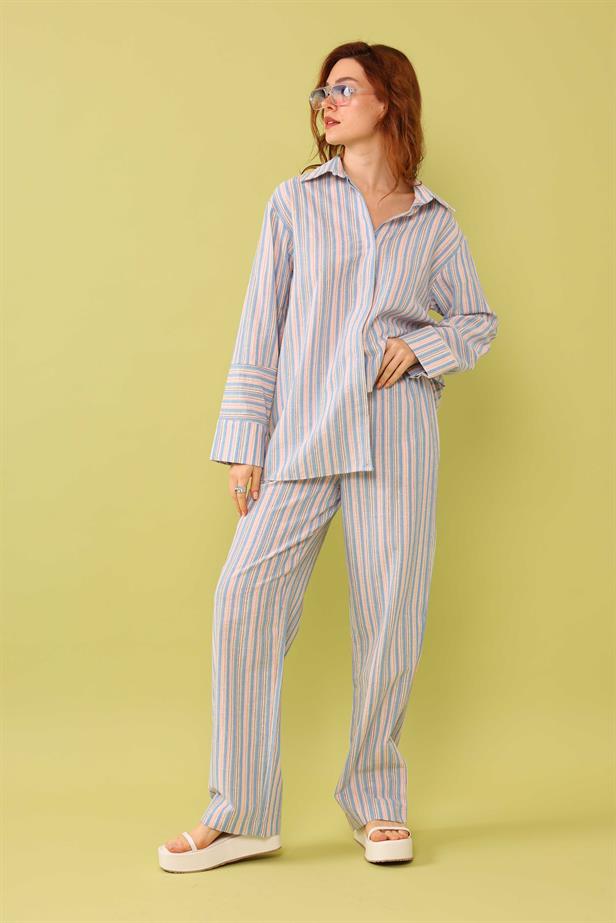 Women's Waist Button Detail Striped Trousers Blue - STREETMODE™