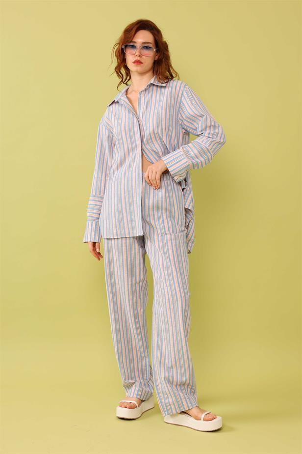 Women's Waist Button Detail Striped Trousers Blue - STREETMODE™